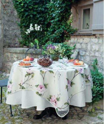 $69 56" Square Tissus Toselli Pink Roses on Vine Organza Transparent Tablecloth – Create the Sensation of Luxury in Estate Garden Tabletop!