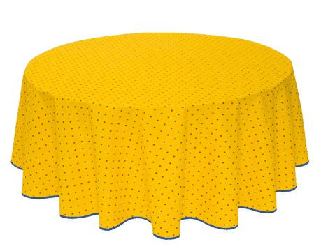 $49 70" Round Tissus-Toselli Blue Allover Floral Calissons Buds on Yellow Plain Cotton Tablecloth – Set Your Tabletop with a Sunny Blue Sky Theme!