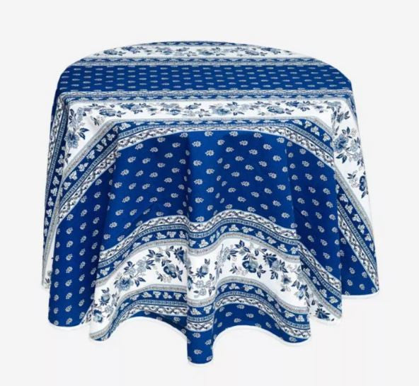 $42 60" Round MARAT Avignon Blue on White Filigree Coated Cotton Tablecloth –For Seating 2-4 persons