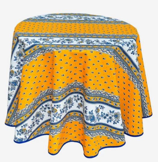 $55 60" Round MARAT Avignon Revisited Blue & White Filigree on Yellow Coated Cotton Tablecloth for 2-4 Seating