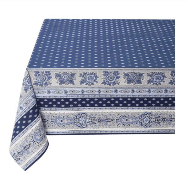 $49 60" Sq Blue on White Filigree Banner Design Stain-Proof Cotton Tablecloth - Use on a 30 to 45 inch square table for 2 to 4 Place Seating or use a Slip-Leaf Expansion-Length Rectangular Table that seats 4 to 6!