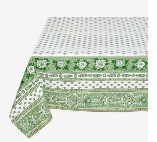 $59 60" Sq Green on White Filigree Banner Stain-Proof Cotton Tablecloth - Use on a 30 to 45 inch square table for 2 to 4 Place Seating or use a Slip-Leaf Expansion-Length Rectangular Table that seats 4 to 6!
