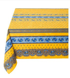 $99 60" Sq 2-4 Place 6-Pcs Ensemble Set of 1-Tradition Blue on Yellow Stain-Proof Coated Cotton Tablecloth +4 Matching Napkins +1 Tidy Fabric Bread Basket - – Display a Floral Design Bistro Dining Tabletop!
