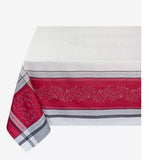 $55 64" Sq Jacquard Olives Red and Grey Bordered Stain-Proof Tablecloth – Use a 30 to 40 inch round or square table for 2 to 4 Place Seating or use a Slip-Leaf or Drop-Leaves Rectangular Table that comfortably seats 4 to 6 persons!