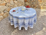 $139 70" Rd 2-6 Place 8-Pcs Ensemble Set Includes 1-Blue on White Wipeable Coated Cotton Tablecloth +6 Matching Napkins +1 Tidy Fabric Bread Basket - A Stunning Design for Blue Sky Dining Tabletop!