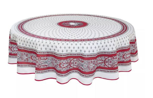 $89 70" Round MARAT Bastide Burgundy Red & Gray on White Stain-Proof Cotton Tablecloth – For Seating 2-6