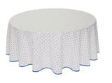 $40 60" Round Tissus-Toselli Blue Allover Floral Calissons Buds on White Plain Cotton Tablecloth For 2-4 Person Seating.