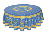 $69 70" Rd Locusts on Blue Plain Cotton Tablecloth Seats 2-6