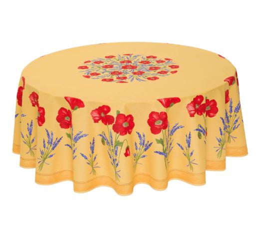 $139 70" Rd 2-6 Place 8-Pcs Ensemble Set Includes 1-Red Poppies & Lavender on Yellow Wipeable Coated Cotton Tablecloth +6 Matching Napkins +1 Tidy Fabric Bread Basket - A Delightful Floral Sunny Day Table Topper!