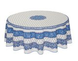 $69 70" Round MARAT Tradition Blue Filigree on White Plain Cotton Tablecloth - For 2-6 Person Seating