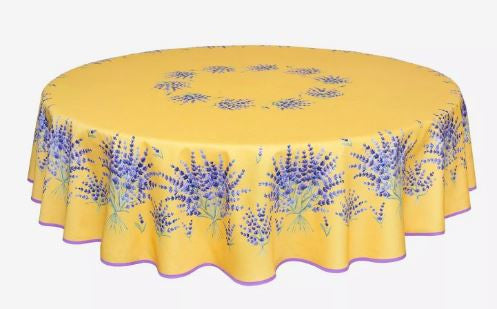 $139 70" Rd 2-6 Place 8-Pcs Ensemble Set Includes 1-Bonnieux Lavender Purple Green on Yellow Filigree Wipeable Coated Cotton Tablecloth +6 Matching Napkins +1 Tidy Fabric Bread Basket - Newest Design in Lavender Floral Dining!