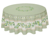 $89 70" Round Tissus-Toselli Ramatuelle Olives & Leaves in Green on White Stain-Proof Cotton Tablecloth for 2-6 Person Seating