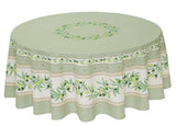 $89 70" Round Tissus-Toselli Ramatuelle Olives & Leaves in Green on White Stain-Proof Cotton Tablecloth for 2-6 Person Seating