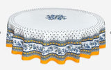 $89 70" Round MARAT Avignon Revisited Yellow & Blue on White Filigree Coated Cotton Tablecloth for 2-6 Person Seating
