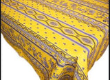$45 60" Sq Blue Yellow Tablecloth Seats 2-4 With Stripe Filigree Floral Banner Stain-Proof Cotton Tablecloth - Use on a 30 to 45 inch square table for 2 to 4 Place Seating or use a Slip-Leaf Expansion-Length Rectangular Table that seats 4 to 6!