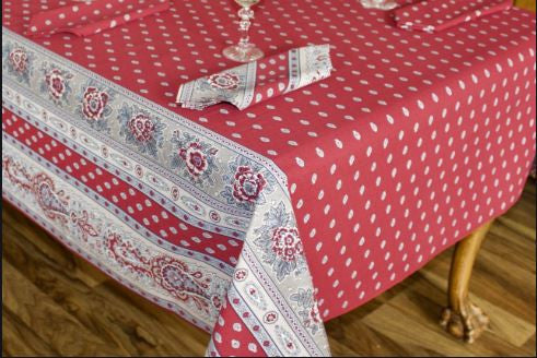 $49 60" Sq Gray on Burgundy Red Filigree Banner Stain-Proof Cotton Tablecloth - Use on a 30 to 45 inch square table for 2 to 4 Place Seating or use a Slip-Leaf Expansion-Length Rectangular Table that seats 4 to 6!