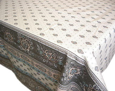 $45 60" Sq Turquoise & Grey Filigree Banner on White Stain-Proof Cotton Tablecloth - Use on a 30 to 45 inch square table for 2 to 4 Place Seating or use a Slip-Leaf Expansion-Length Rectangular Table that seats 4 to 6!