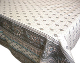 $45 60" Sq Turquoise & Grey Filigree Banner on White Stain-Proof Cotton Tablecloth - Use on a 30 to 45 inch square table for 2 to 4 Place Seating or use a Slip-Leaf Expansion-Length Rectangular Table that seats 4 to 6!