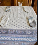 $45 60" Sq Turquoise & Grey Filigree Banner on White Stain-Proof Cotton Tablecloth - Use on a 30 to 45 inch square table for 2 to 4 Place Seating or use a Slip-Leaf Expansion-Length Rectangular Table that seats 4 to 6!