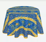 $45 60" Round Tissus Toselli Cigale on Blue Banner Pattern Stain-Proof Cotton Tablecloth – For 2-4 Person Seating