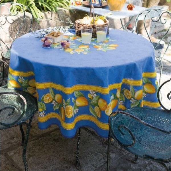 $5.50 Tissus-Toselli Citron Lemons with Leaves on Blue Yellow-Bordered 18 x 18 Plain Cotton Napkins – Add a Fresh Citron Theme to Provence Dining!