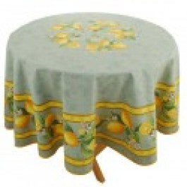 $69 70" Rd Lemons & Leaves on Green Plain Cotton Tablecloth Seats 2-6