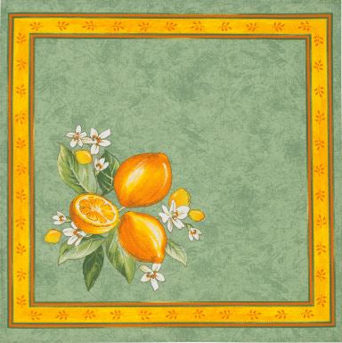 $5.50 Tissus Toselli Citron Lemons with Leaves on Green Design Yellow-Bordered 18" x 18" Napkins in Plain Cotton – Lively Mediterranean Ambiance for Your Table!