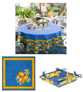 $99 70" Rd 2-6 Place 8-Pcs Ensemble Set Includes 1-Lemons on Blue Plain Cotton Tablecloth +6 Matching Napkins +1 Tidy Fabric Bread Basket - Display a Citron Lemons Theme Tabletop!