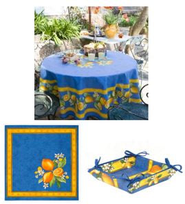 $139 70" Rd 2-6 Place 8-Pcs Ensemble Set Includes 1-Lemons on Blue Wipeable Coated Cotton Tablecloth +6 Matching Napkins +1 Tidy Fabric Bread Basket - Display a Citron Lemons Theme Tabletop!
