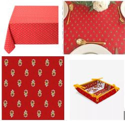 $65 60" Sq 2-4 Place 6-Pcs Ensemble Set of 1-Red with Yellow Calissons Buds Plain Cotton Tablecloth +4 Matching Napkins +1 Tidy Fabric Bread Basket – Display French Red Bistro Dining Style!