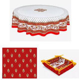 $99 70" Rd 2-6 Place 8-Pcs Ensemble Set Includes 1-Avignon Red Yellow White Plain Cotton Tablecloth +6 Matching Napkins +1 Tidy Fabric Bread Basket - Display Stunning Red White Tabletop Dining!