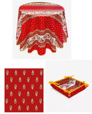 $89 60" Rd 2-4 Place 6-Pcs Ensemble Set of 1-Avignon Red Yellow White Stain-Proof Coated Cotton Tablecloth +4 Matching Napkins +1 Tidy Fabric Bread Basket – Create a Parisian Bistro Style Tabletop!