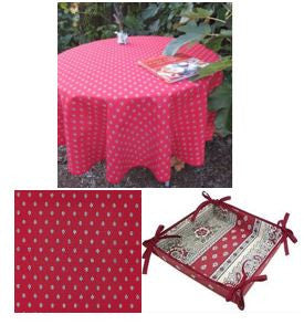 $45 60" Rd Grey Calissons Floral Buds on Red 2-4 Place 6-Pcs Ensemble Set 1-Burgundy Red & Grey Plain Cotton Tablecloth +4 Matching Napkins +1 Tidy Fabric Bread Basket - French Parisian Red Bistro Dining!