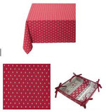 $49 60" Sq 2-4 Place 6-Pcs Ensemble Set of 1-Red with Grey Calissons Buds Plain Cotton Tablecloth +4 Matching Napkins +1 Tidy Fabric Bread Basket - – Dine in Parisian Red Bistro Style!
