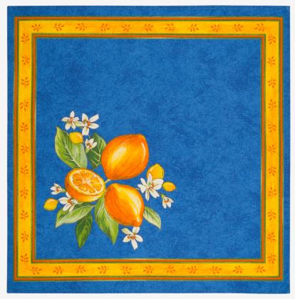 $69 70" Rd Lemons on Blue Plain Cotton Tablecloth Seats 2-6
