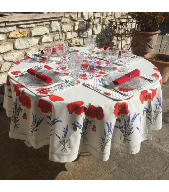 $139 70" Rd 2-6 Place 8-Pcs Ensemble Set Includes 1-Red Poppies & Lavender on Bright White Wipeable Coated Cotton Tablecloth +6 Matching Napkins +1 Tidy Fabric Bread Basket - This is the Most Striking Floral Tablecloth Sold on Our Website!