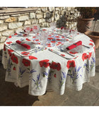 $139 70" Rd 2-6 Place 8-Pcs Ensemble Set Includes 1-Red Poppies & Lavender on Bright White Wipeable Coated Cotton Tablecloth +6 Matching Napkins +1 Tidy Fabric Bread Basket - This is the Most Striking Floral Tablecloth Sold on Our Website!