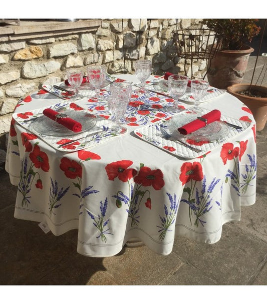 $139 70" Rd 2-6 Place 8-Pcs Ensemble Set Includes 1-Red Poppies & Lavender on Bright White Wipeable Coated Cotton Tablecloth +6 Matching Napkins +1 Tidy Fabric Bread Basket - This is the Most Striking Floral Tablecloth Sold on Our Website!