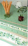 $30 60" Sq Ramatuelle Black Olives on Green With Allover Green Floral Calissions Buds Plain Cotton Tablecloth - Use on a 30 to 45 inch square table for 2 to 4 Place Seating or use a Slip-Leaf Expansion-Length Rectangular Table that seats 4 to 6