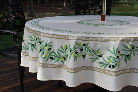 $89 70" Round Tissus-Toselli Ramatuelle Olives & Leaves in Green on White Stain-Proof Cotton Tablecloth for 2-6 Person Seating