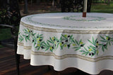$89 70" Round Tissus-Toselli Ramatuelle Olives & Leaves in Green on White Stain-Proof Cotton Tablecloth for 2-6 Person Seating