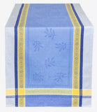 $89 11-Pcs 2-8 Plc Jacquard Olives Sprigs On Blue Yellow Table Runner Ensemble Set for 5-8 Ft Tables