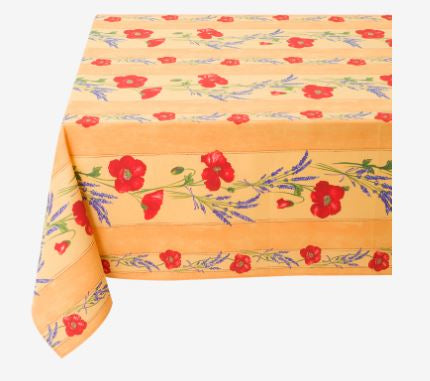 $65 60" Sq 2-4 Place 6-Pcs Ensemble Set of 1-Red Poppies on Yellow Plain Cotton Tablecloth +4 Matching Napkins +1 Tidy Fabric Bread Basket - – Display a Red Poppies Garden Setting Dining Tabletop!