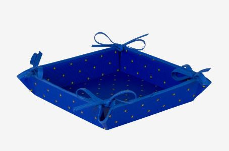 $45 60" Rd 2-4 Place 6-Pcs Ensemble Set of 1-Blue with Yellow Calissons Buds Plain Cotton Tablecloth +4 Matching Napkins +1 Tidy Fabric Bread Basket – Enjoy French Evening Bistro Dining!