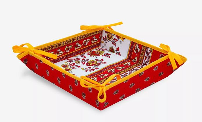$89 60" Rd 2-4 Place 6-Pcs Ensemble Set of 1-Avignon Red Yellow White Stain-Proof Coated Cotton Tablecloth +4 Matching Napkins +1 Tidy Fabric Bread Basket – Create a Parisian Bistro Style Tabletop!