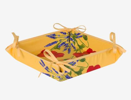 $55 60" Rd 6-Pcs 2-4 Place Red Poppies on Yellow Ensemble Set of 1-Red Poppies on Yellow Plain Cotton Tablecloth +4 Matching Napkins +1 Tidy Fabric Bread Basket - Display a Red Poppies on Yellow Bistro Tabletop!