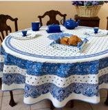 $139 70" Rd 2-6 Place 8-Pcs Ensemble Set Includes 1-TRadition Blue Filigree on White Wipeable Coated Cotton Tablecloth +6 Matching Napkins +1 Tidy Fabric Bread Basket - A Blue Sky Theme Dining Tabletop!