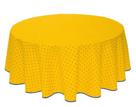 $40 60" Round Tissus-Toselli Blue Allover Floral Calissons Buds on Yellow Plain Cotton Tablecloth For 2-4 Person Seating.