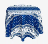 $69 60" Rd Blue Filigree Banner on White 2-4 Place 6-Pcs Ensemble Set Includes 1-Avignon Blue on White Stain-Proof Coated Cotton Tablecloth +4 Matching Napkins +1 Tidy Fabric Bread Basket - | Enjoy Royal Blue Cafe Bistro Dining!
