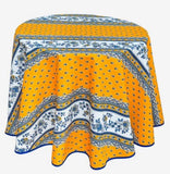 $55 60" Rd Blue on Yellow Floralr Tablecloth 2-4 Place 6-Pcs Ensemble Set of 1-Avignon Blue Filigree Banner on Yellow Plain Cotton Tablecloth +4 Matching Napkins +1 Tidy Fabric Bread Basket - - Embrace & Enjoy French Bistro S